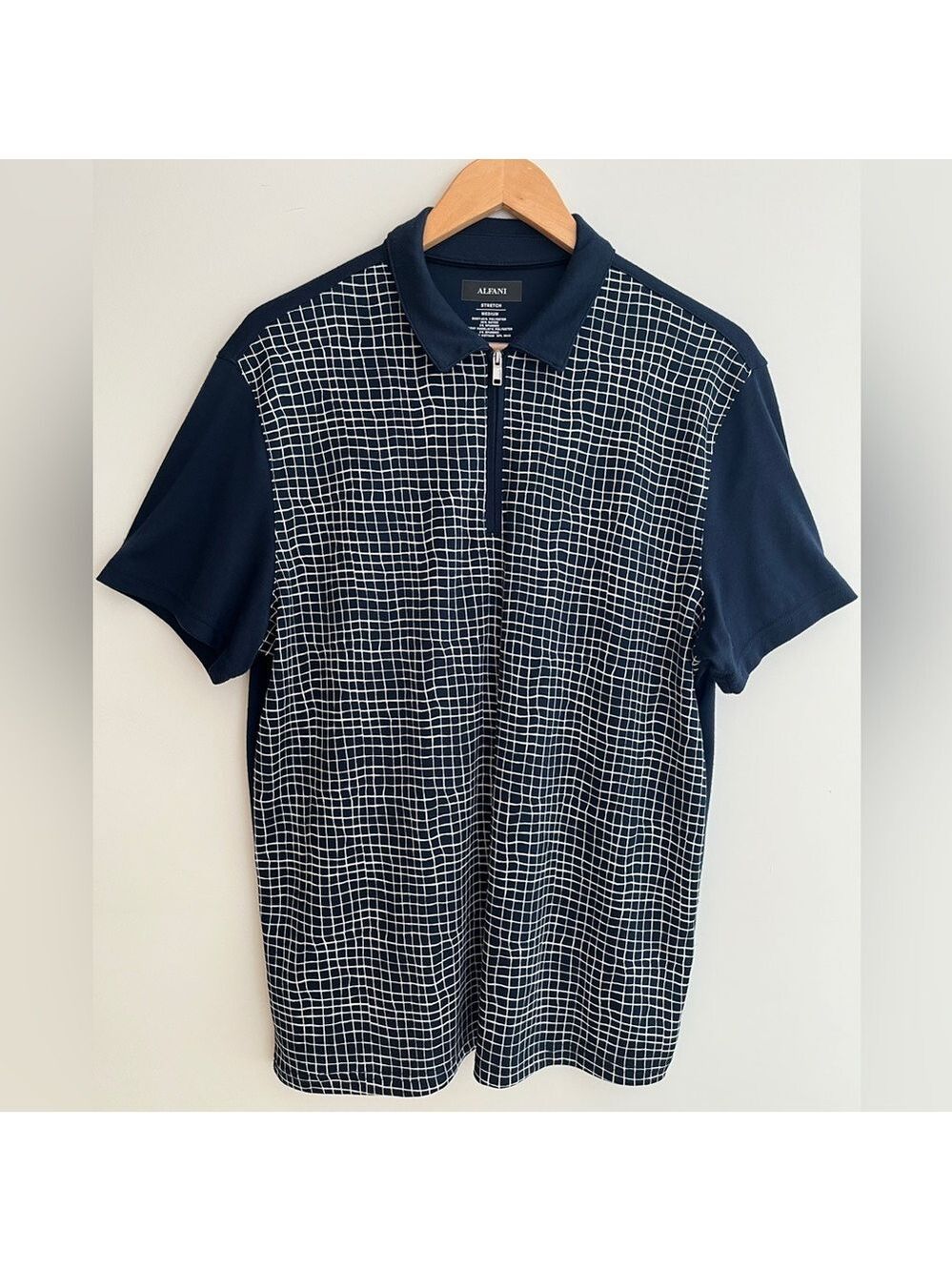 ALFANI Polo Shirt Short Sleeve Quarter Zip Wavy Check Pattern Office Casual